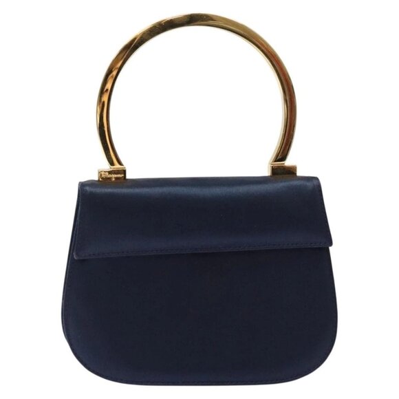 Salvatore Ferragamo Gancini Hand Bag Satin Navy Gold Auth 134768 - Picture 2 of 16